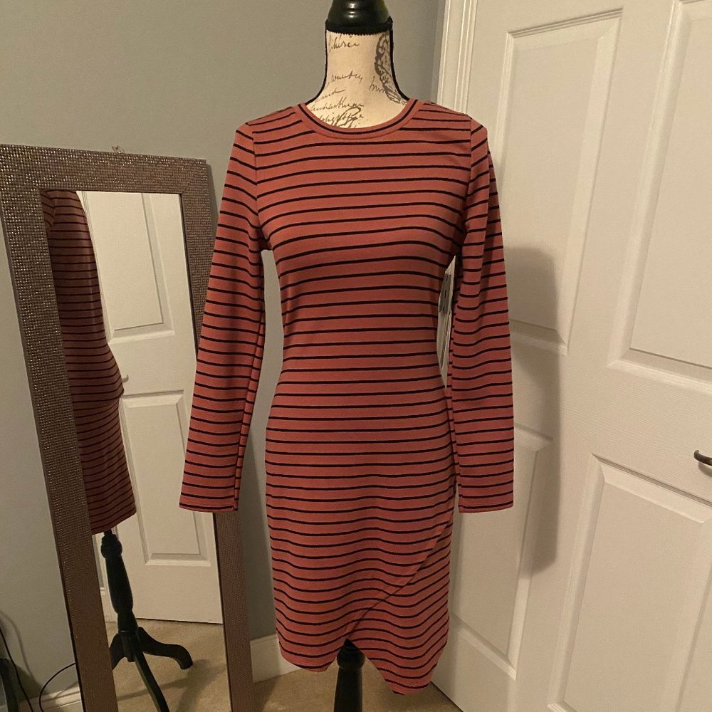 NWT IRIS Pink and Black Striped Bodycon Dress, L
